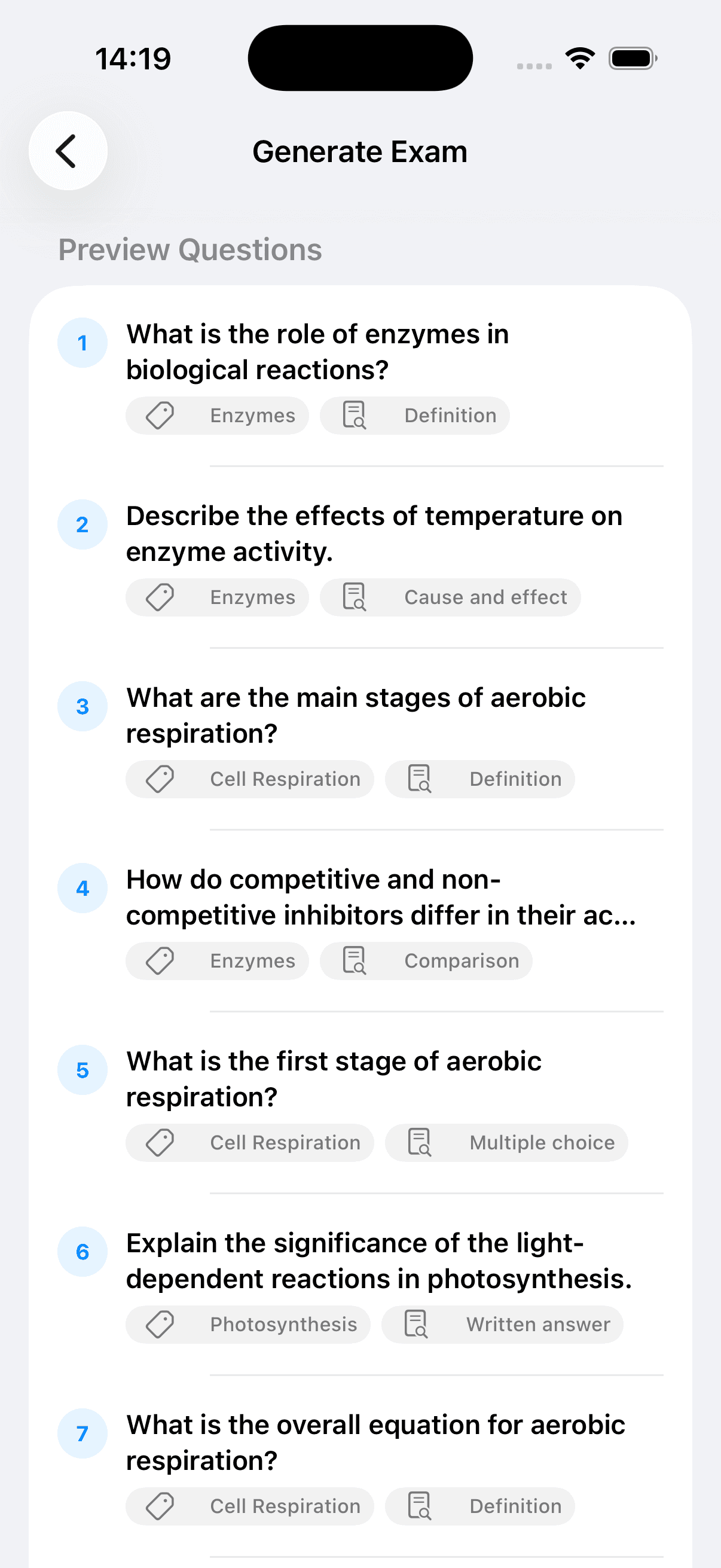 ExamMate Generate Exam screen previewing generated biology questions