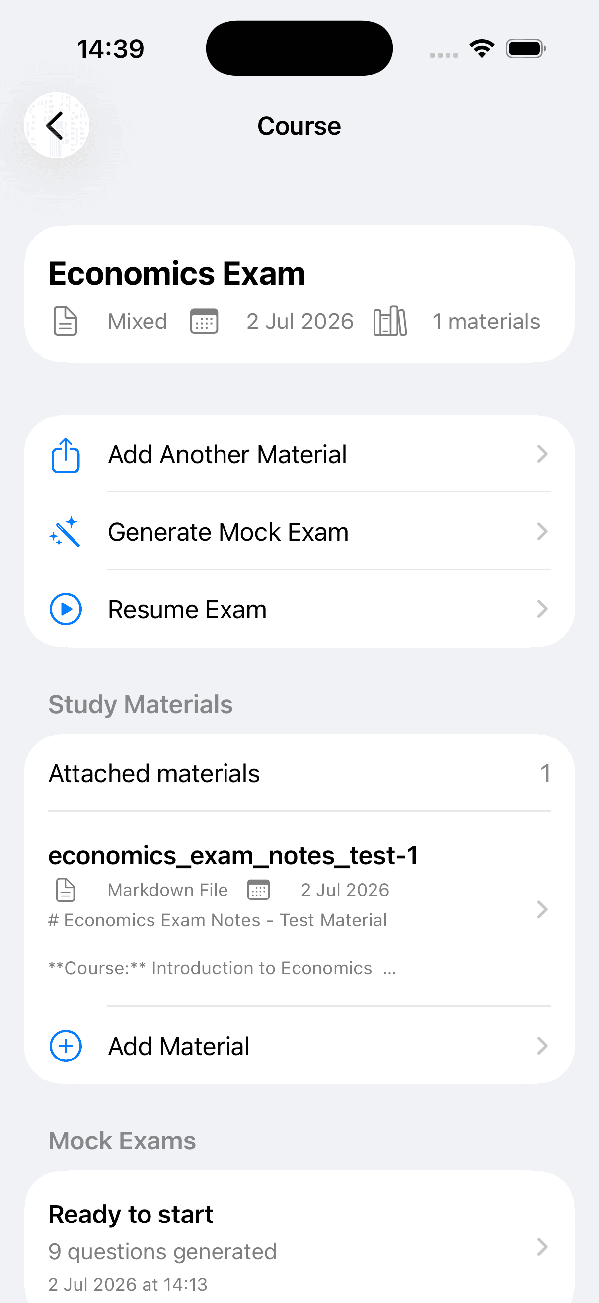 Organise materials screen in the ExamMate iPhone app