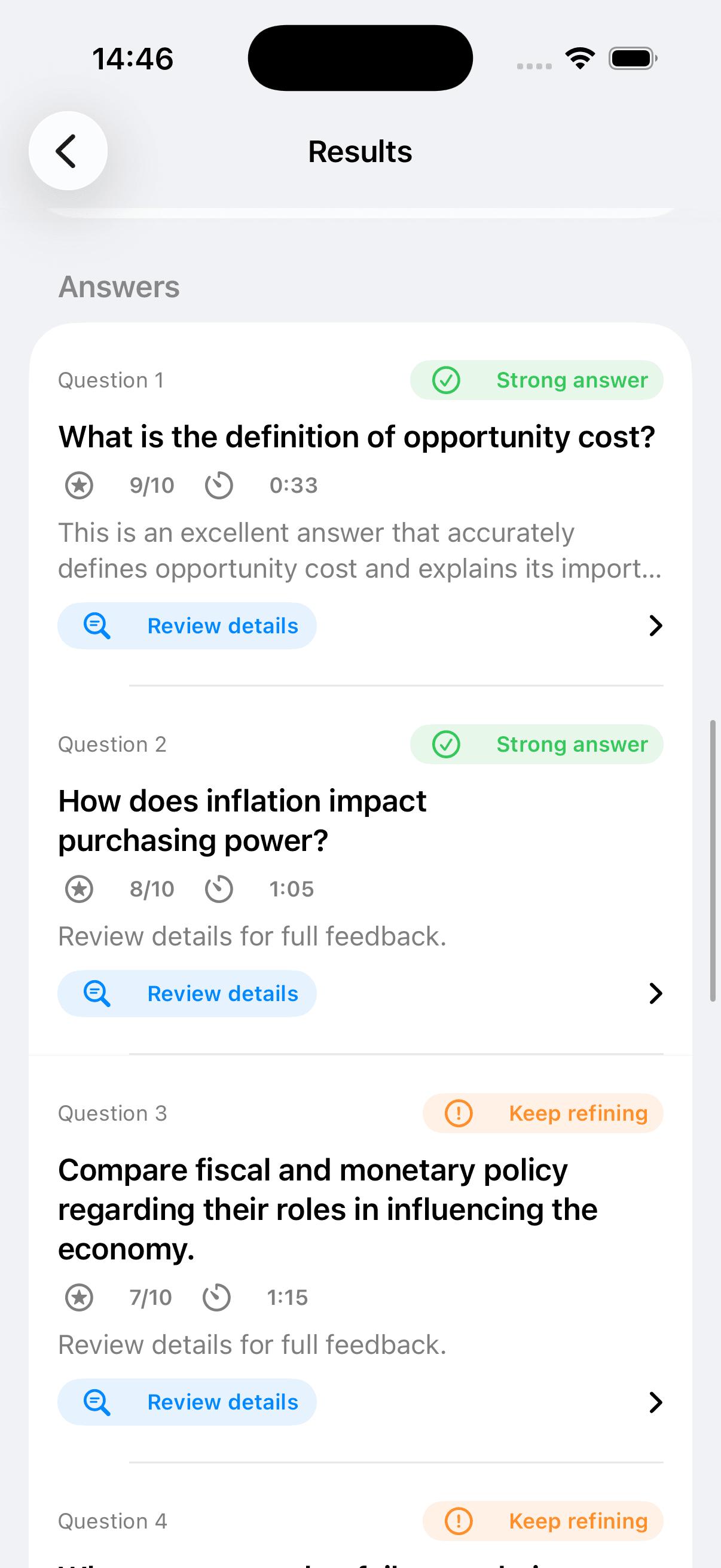 Preview questions screen in the ExamMate iPhone app