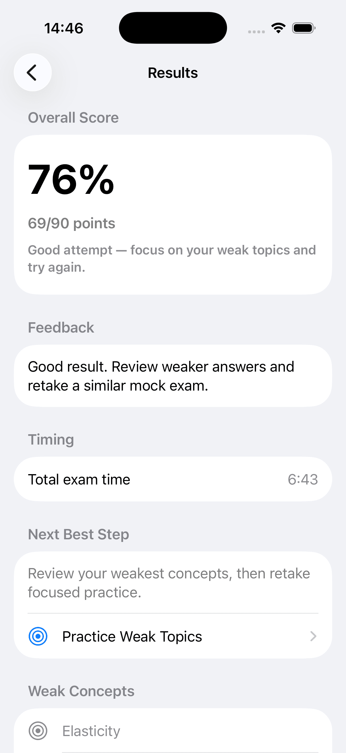 Review weak topics screen in the ExamMate iPhone app